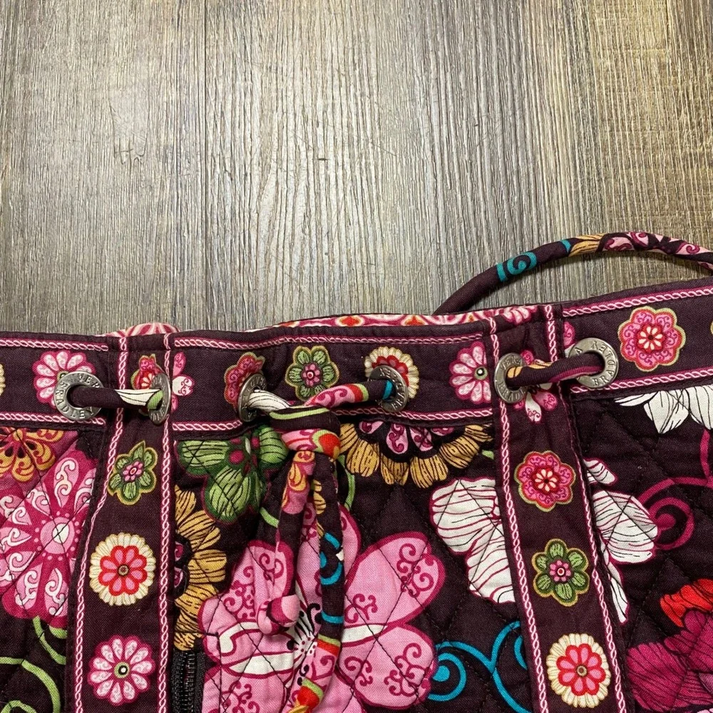Vera Bradley Quilted Floral Pink/Brown Drawstring Backpack Bag Travel Pouch Sack